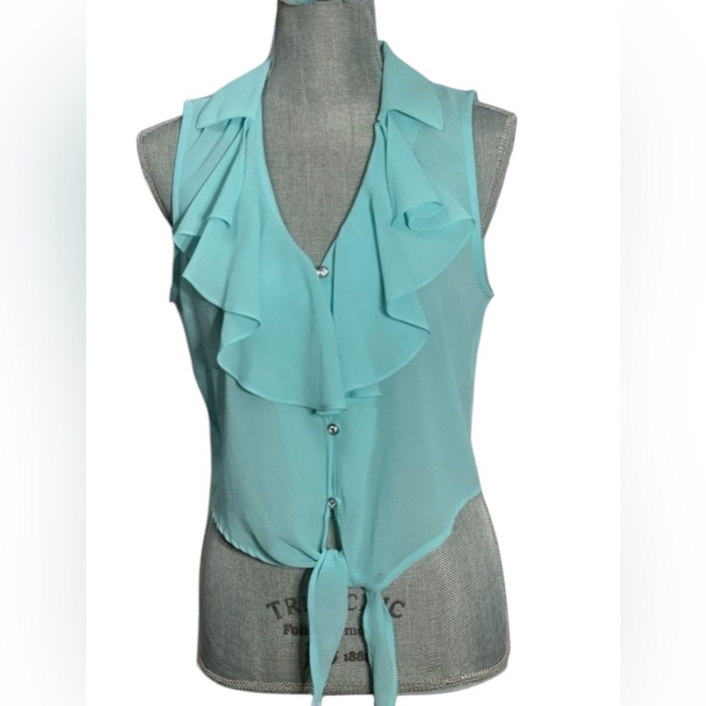 Iris Los Angeles Aqua blue Top Sheer Sleeveless Lace Knot Tie Large - Picture 2 of 11